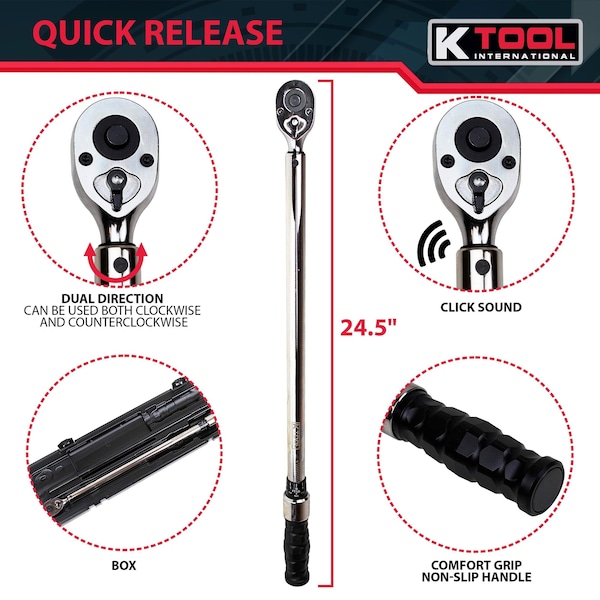 Adjustable Ratcheting Torque Wrench Usa Made, 30-250 Ft/Lb, 1/2" Drive